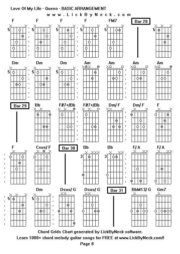 Chord Grids Chart of chord melody fingerstyle guitar song-Love Of My Life - Queen - BASIC ARRANGEMENT,generated by LickByNeck software.